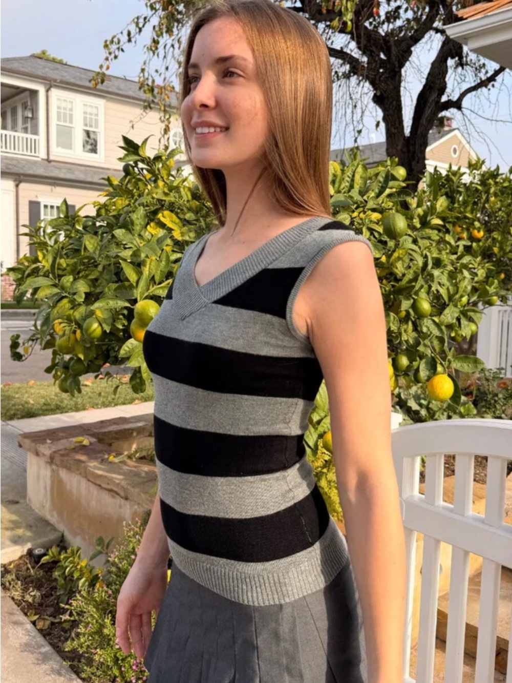 Brandy Melville Amira Top- Gray & Black Striped V‑Neck Knit Tank - Picture 3 of 5